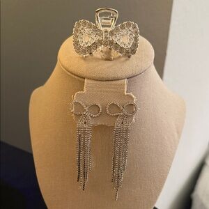 Fashion Jewelry Silver Bow Earrings and Hair Clip Set